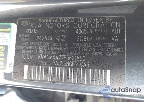 2015 Kia Optima Lx из США, поврежденный, VIN KNAGM4A77F5621850